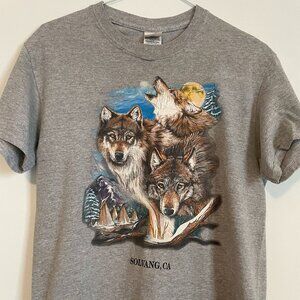 90s VINTAGE GREY UNISEX WOLVES SOLVANG CALIFORNIA T-SHIRT SMALL MEDIUM